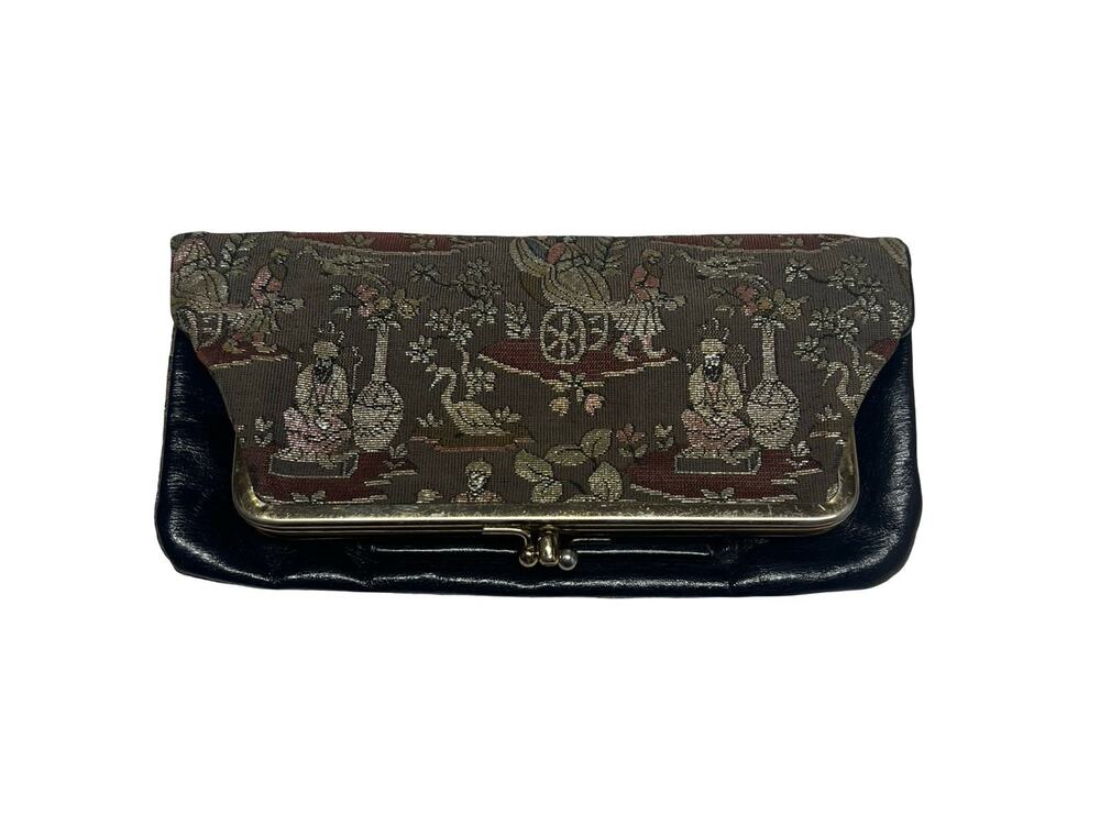 Vintage Chinese Brocade & Black Leather Clutch Wallet Evening Bag Union Made